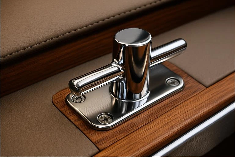 A polished metal cleat is mounted on a wooden and leather surface, secured with four screws.