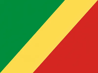 Flag of the Republic of the Congo with diagonal yellow stripe, green upper triangle, and red lower triangle.